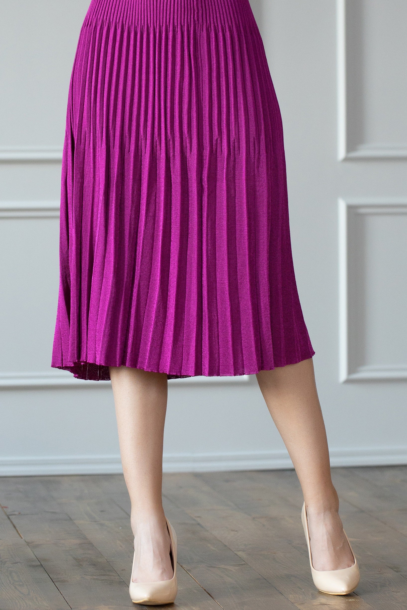 Fuchsia Knitted Pleated Midi Skirt