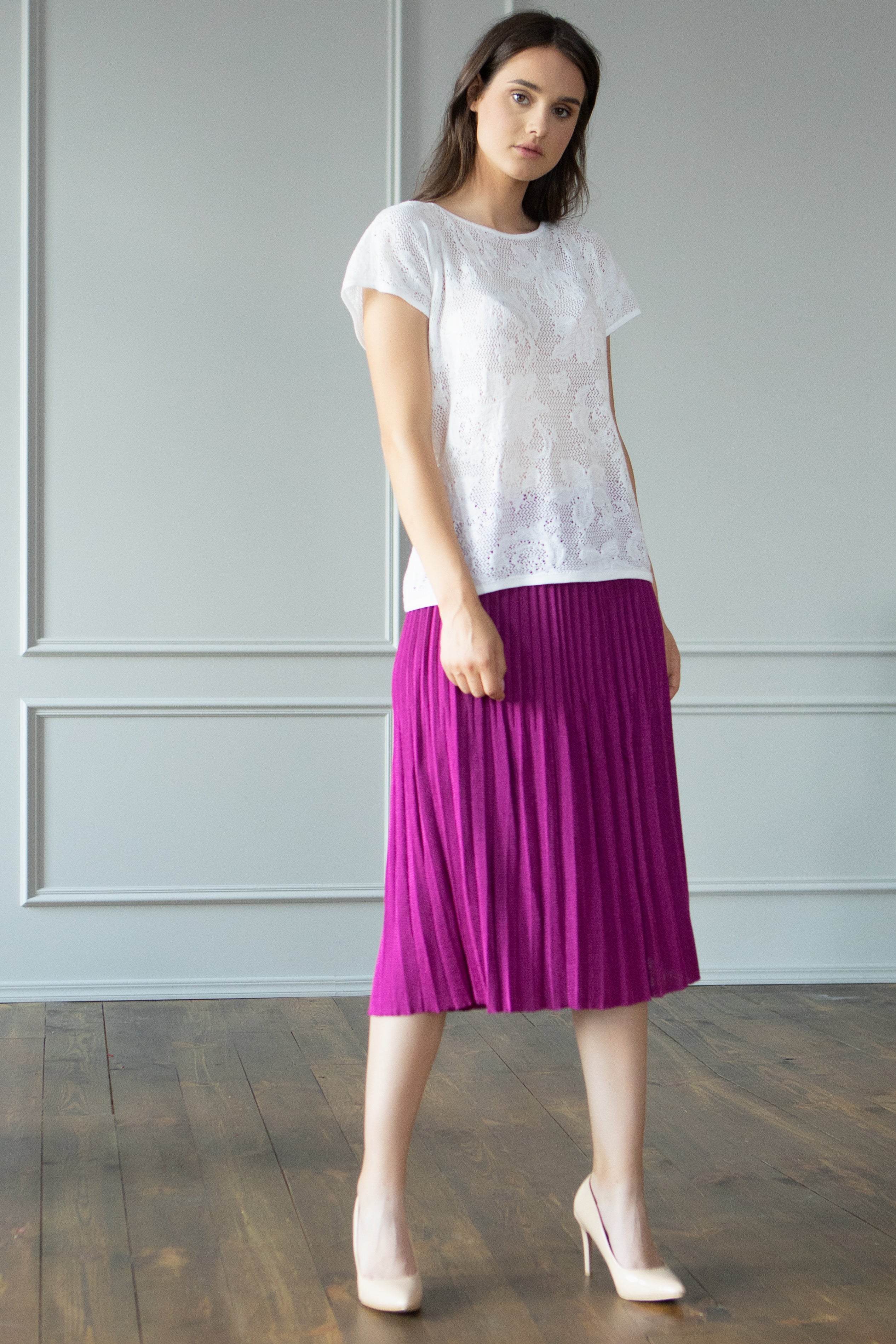 Fuchsia Knitted Pleated Midi Skirt