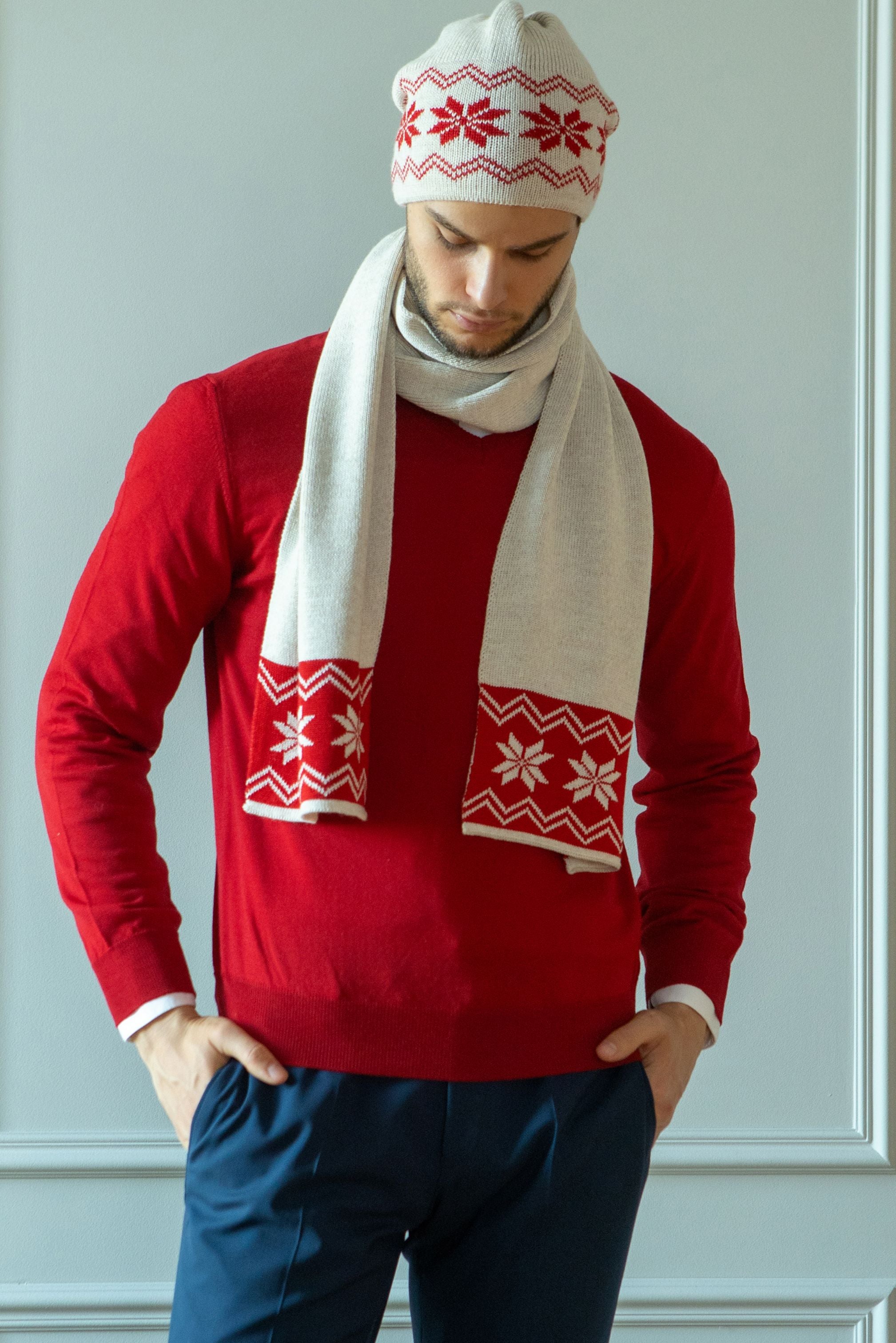 Red Christmas Hat & Scarf Set with merino Wool