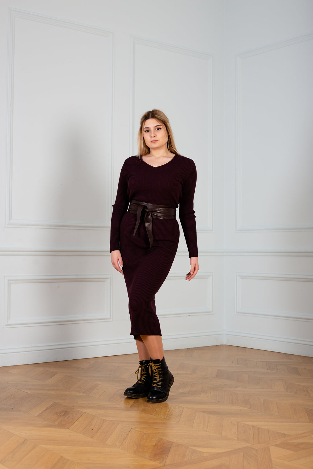Claret Long Sleeve V Neck Knit Long Dress