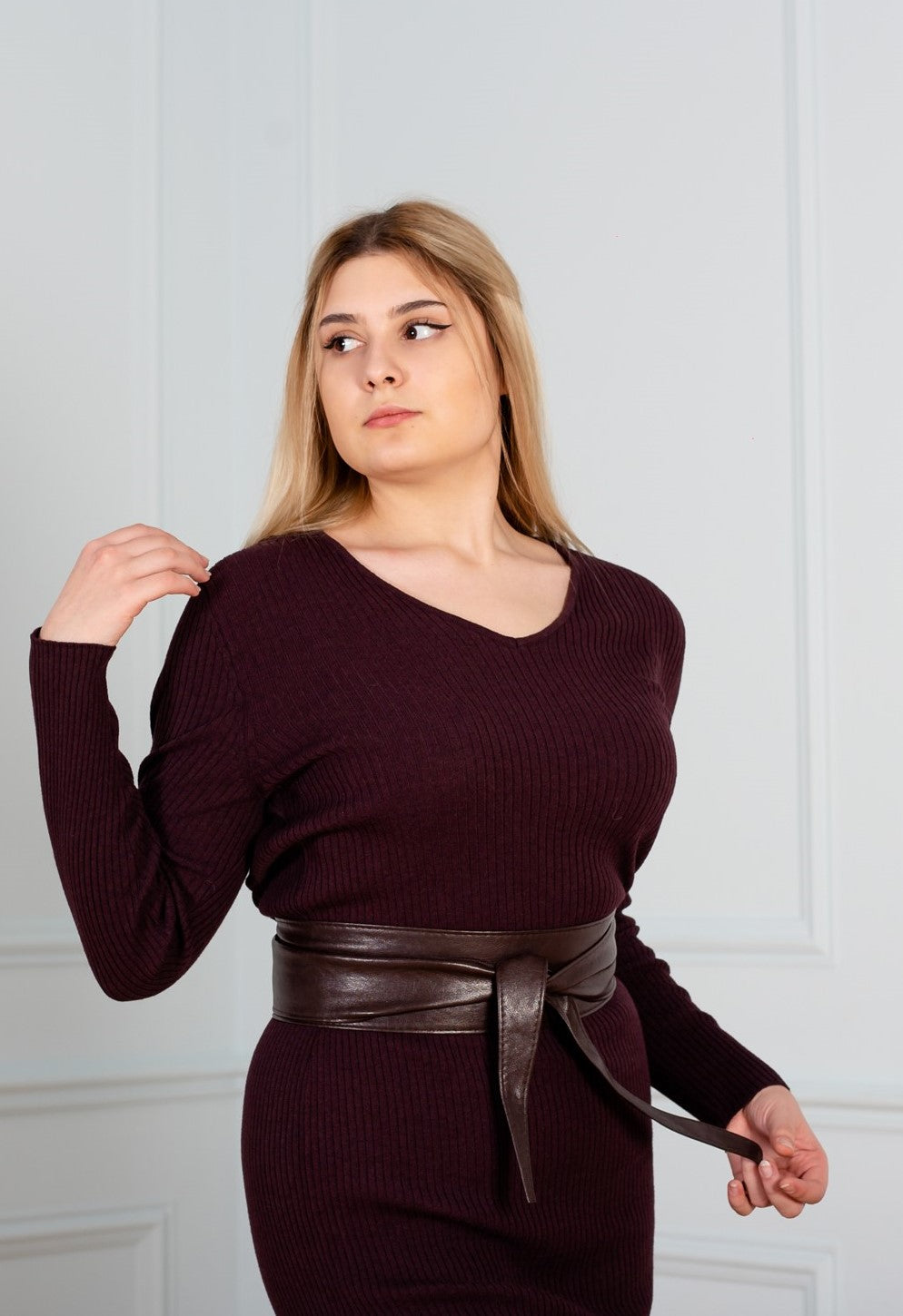 Claret Long Sleeve V Neck Knit Long Dress