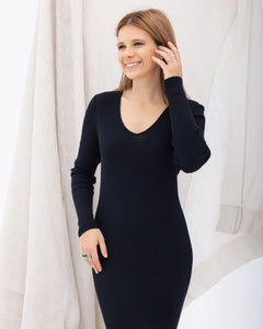 Black Long Dress Sleeve V Neck Knit